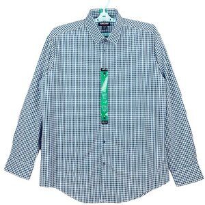 Kirkland Signature Men's Shirt Size 17-17.5 Plaid Blue/White Stretch Long Sleeve